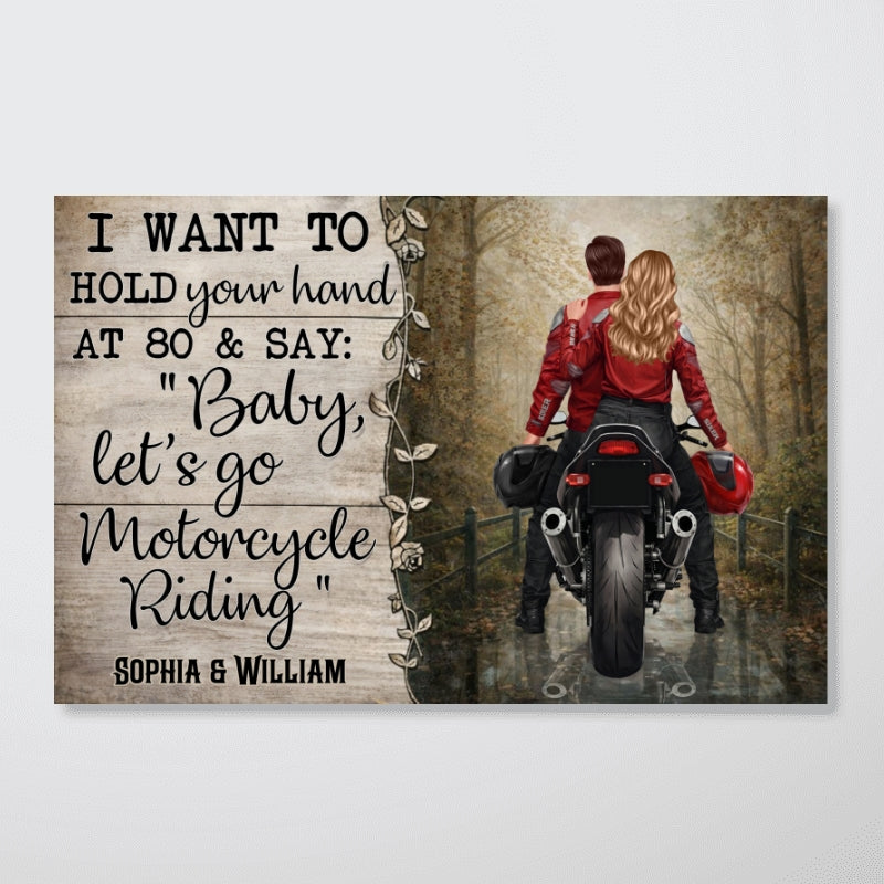 Hold Your Hand at 80s and Go Motorcyle Riding Biker Couples - Personalized Poster - Anniversary Gift for him, for her