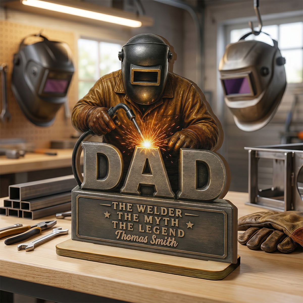 Welder Dad The Man The Myth - Personalized 2-Layered Wooden Plaque -  Gift For Welders, Metal Worker Mechanic Welding Dad, Husband
