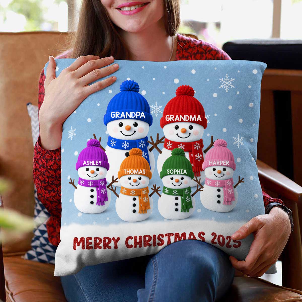 3D Effect Velvet Texture Christmas Grandma Grandkids Snowman Together - Personalized Pillow
