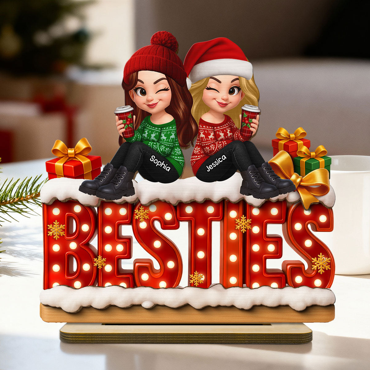 Christmas Besties Together Christmas - Personalized 2-Layered Wooden Plaque