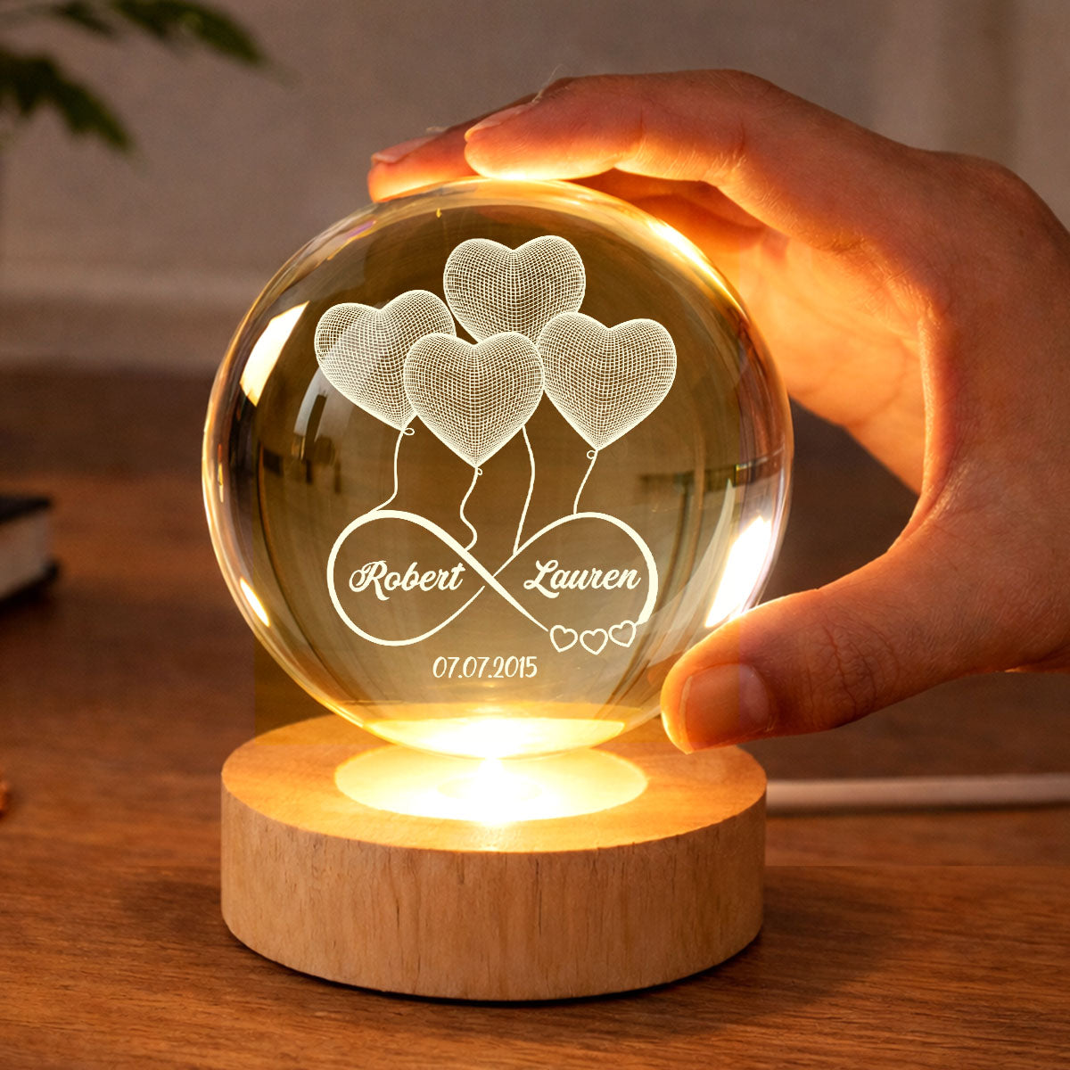 Couple Infinity Love Heart Balloon - Personalized Crystal Ball LED Night Light - Sentimental Gift for Her, for Him, Couple Keepsake