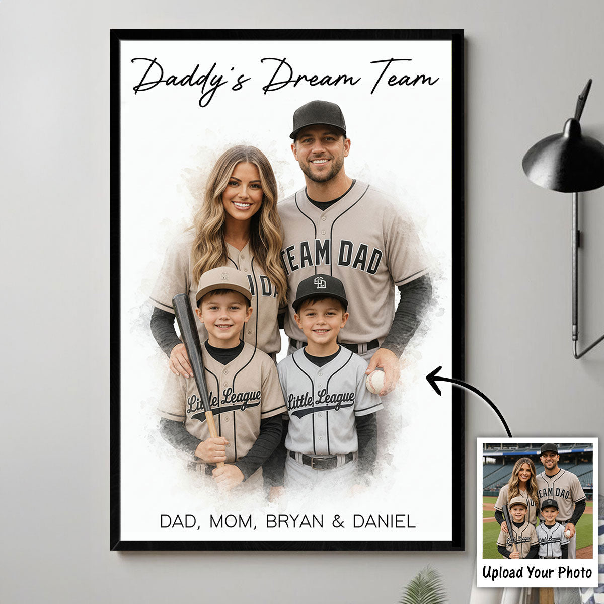 Watercolor Style Baseball Basketball Football Daddy's Dream Team - Personalized Poster - Father's Day Gift For Husband, Dad, Sport Dad