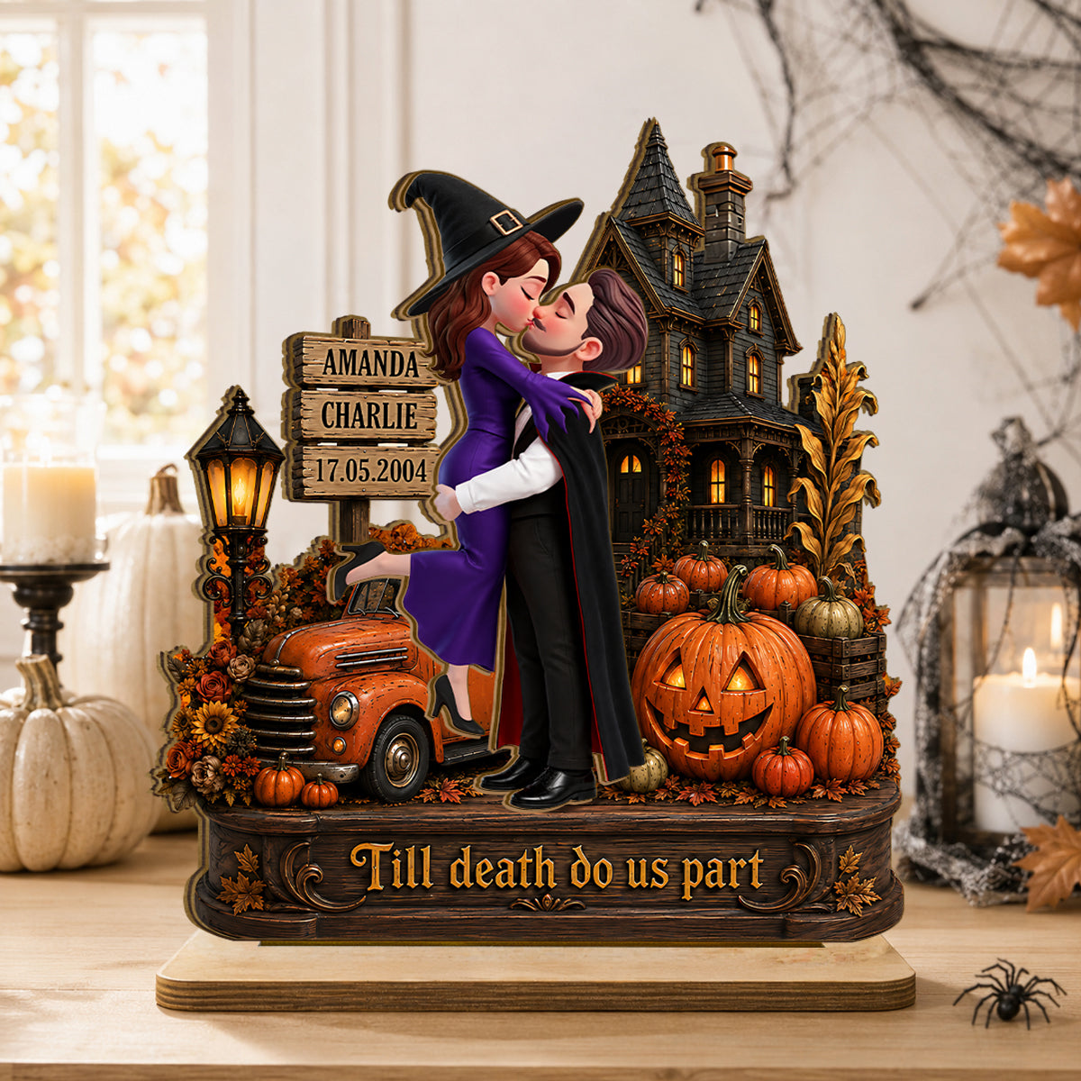 Couple Halloween Haunted House - Personalized 2-Layered Wooden Plaque - Halloween Decor Keepsake for Her, for Him