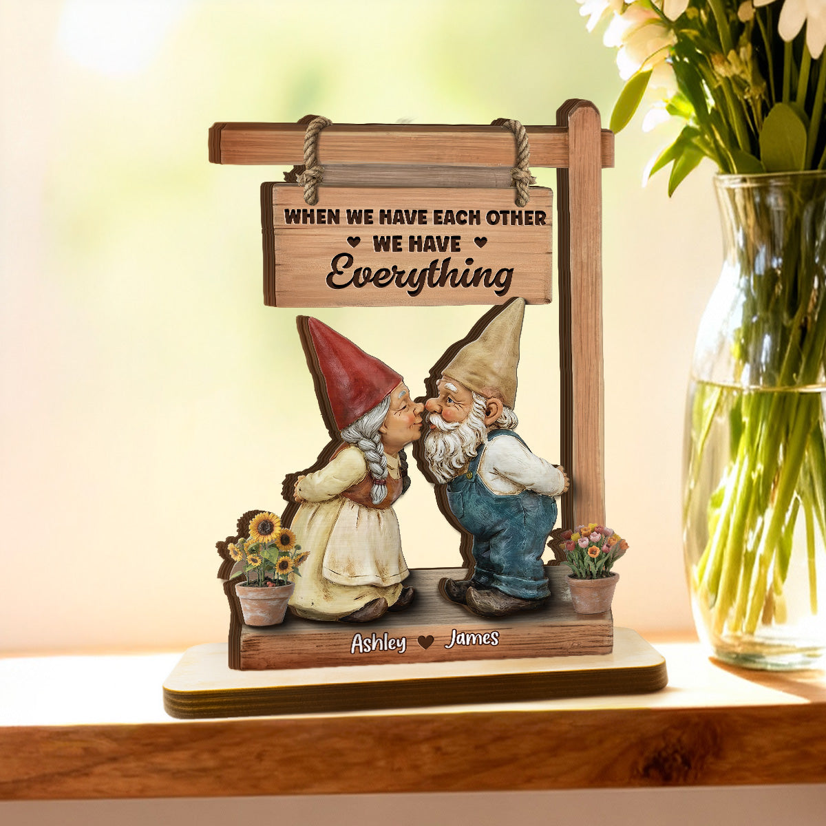 3D Effect Gnome Couple Kissing - Personalized 2-Layered Wooden Plaque - Anniversary, Valentine's Day Gift For Him, Gift For Her