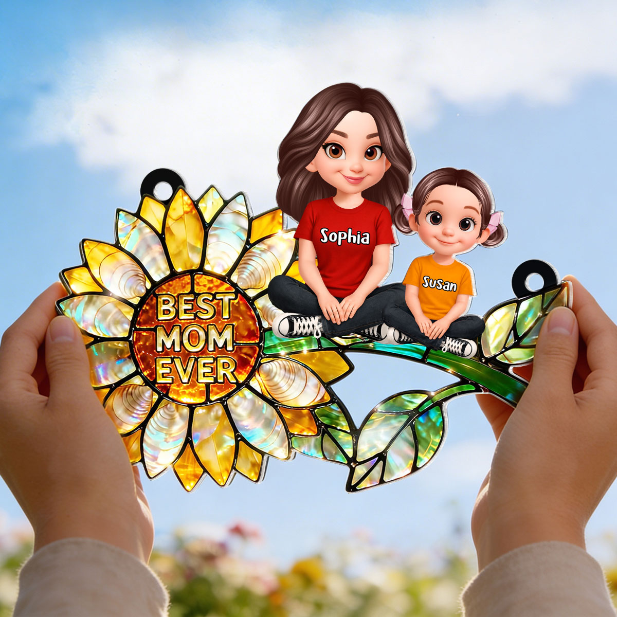 Sunflower Mom Grandma and Grandkids Sitting - Personalized Window Hanging Suncatcher - Mother's Day Gift for Mom, Wife