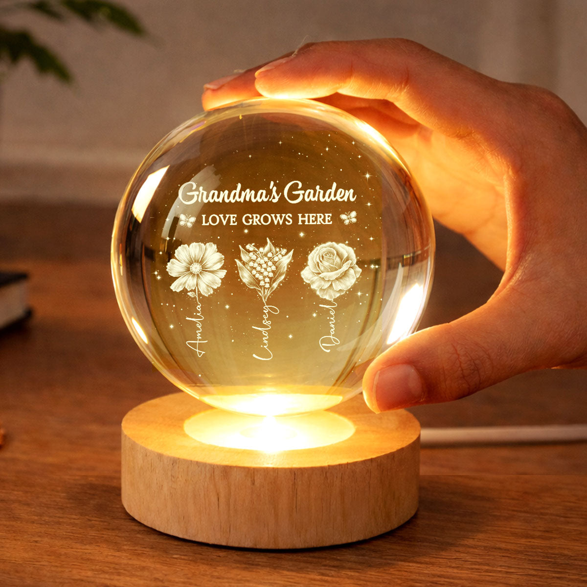 Grandma's Garden Custom Birth Month Flower - Personalized Crystal Ball LED Night Light - Sentimental Gift for Grandma