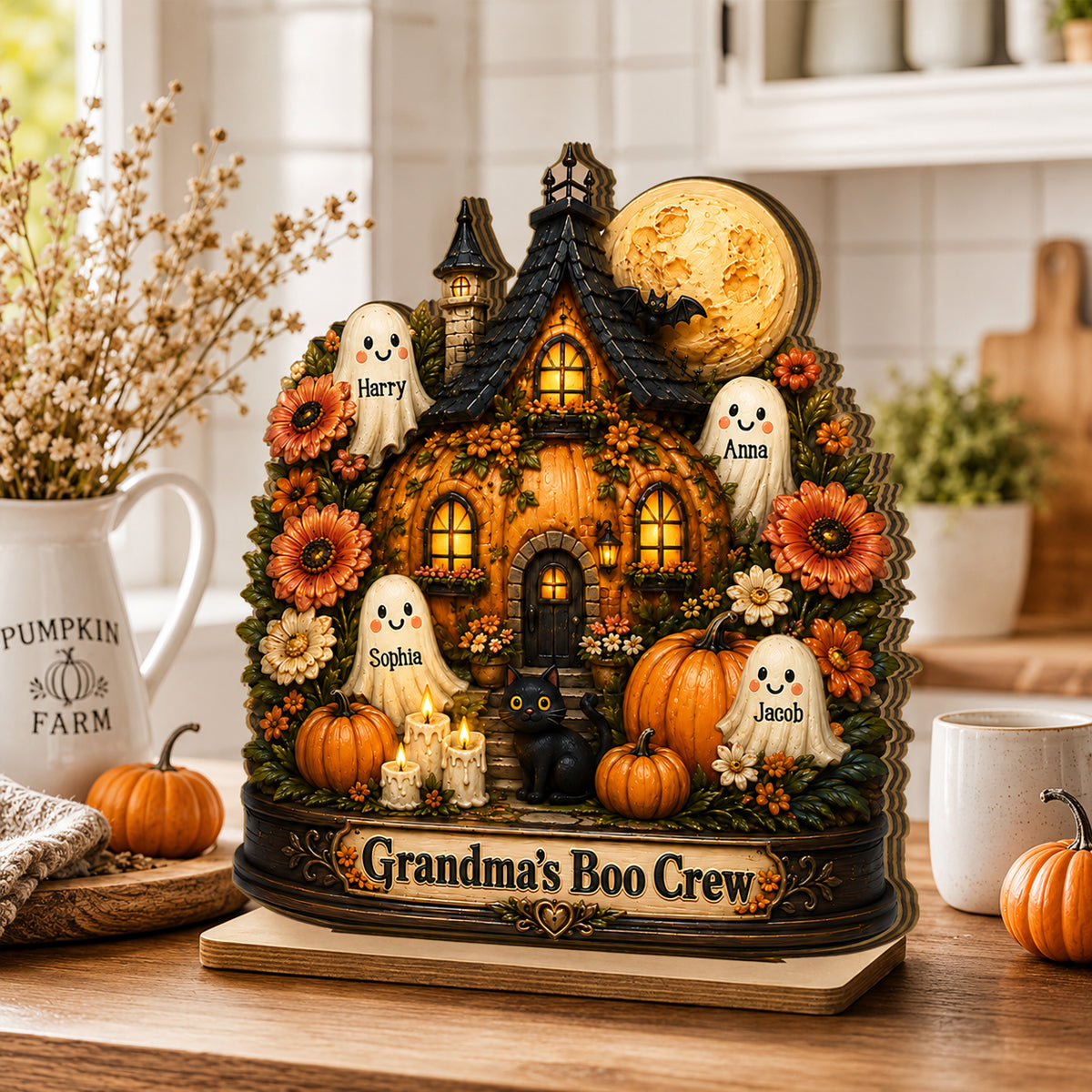 Pumpkin House Grandma's Boo Crew - Personalized 2-Layered Wooden Plaque - Halloween Decor Gift, Gift For Grandma
