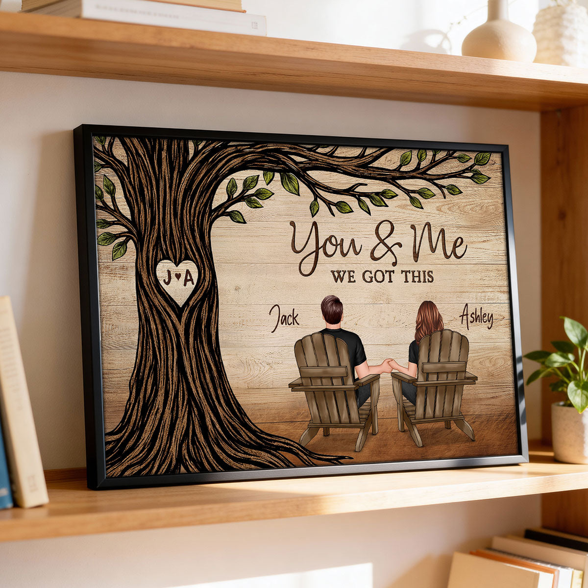 Couple Sitting Under Heart Carved Tree - Personalized Poster - Valentine's Day Gift For Couple