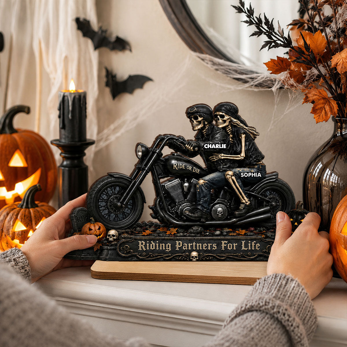Riding Partners For Life Skeleton Couple - Personalized 2-Layered Wooden Plaque - Halloween Decor Gift, Gift For Couple