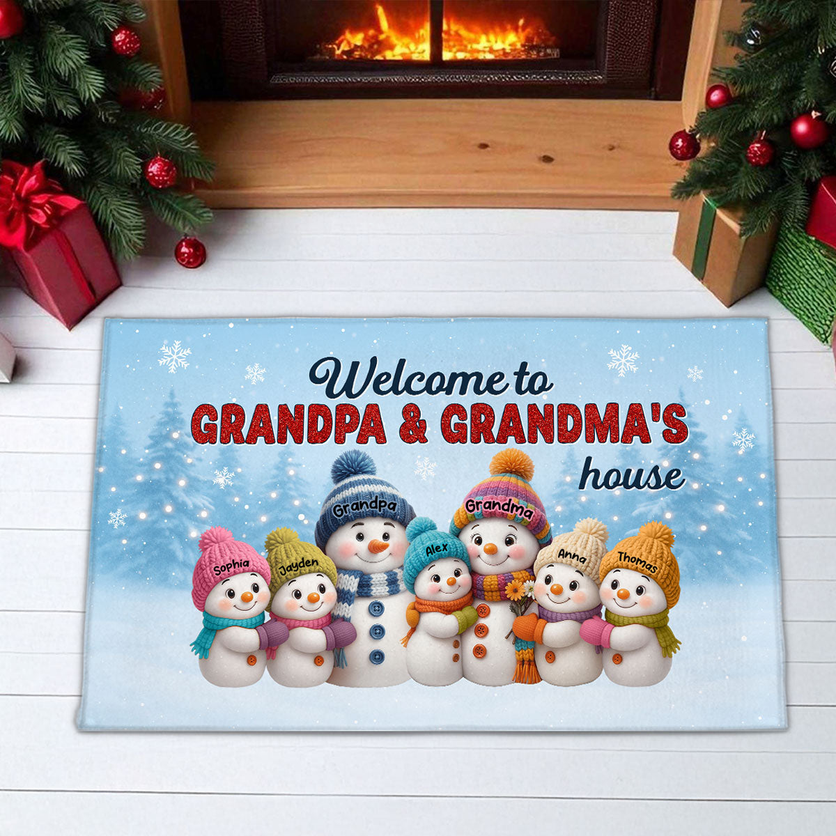 3D Effect Christmas Grandma Grandpa Grandkids Snowman Together - Personalized Doormat