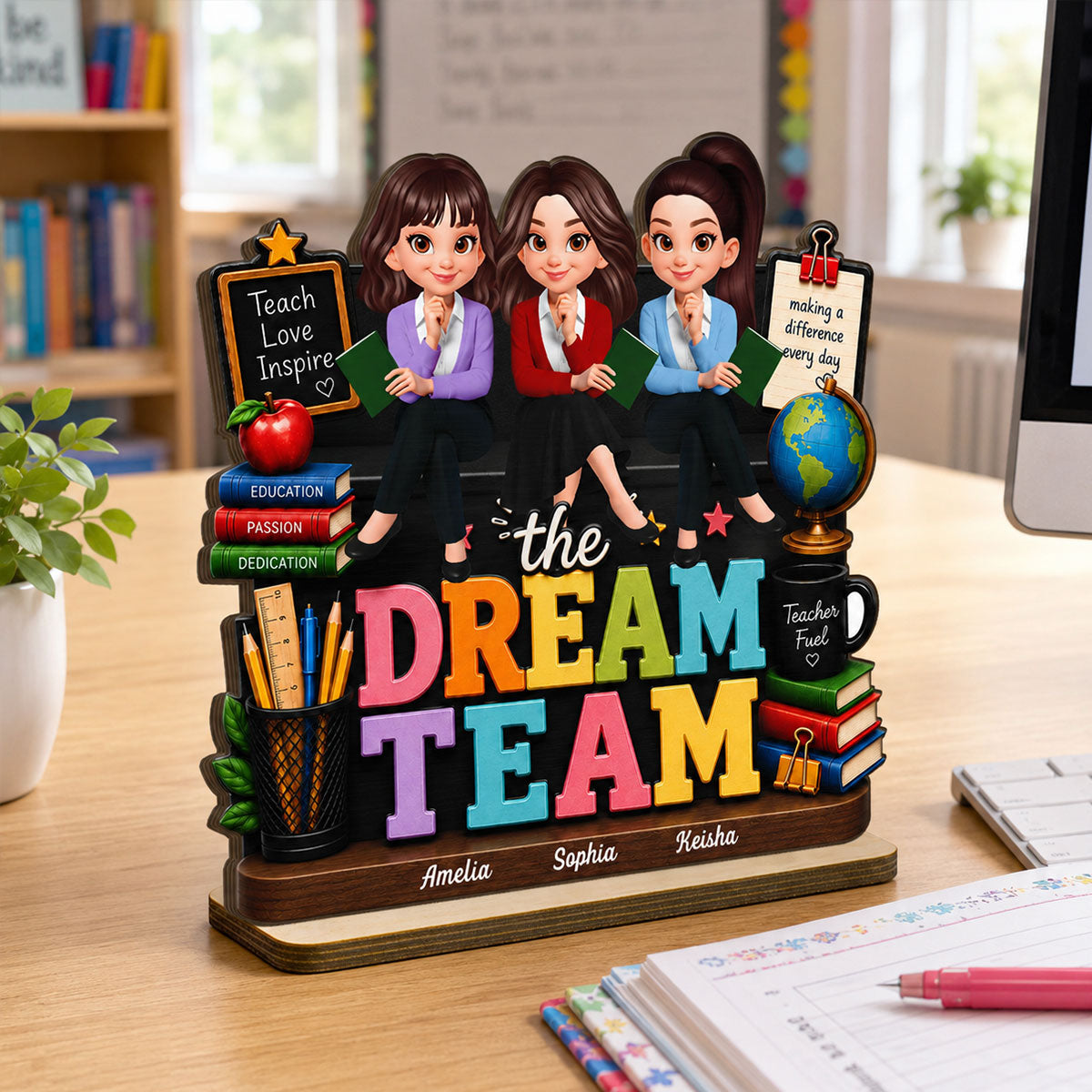 Beautiful Teacher Dream Team - Personalized 2-Layered Wooden Plaque - Back To School Gift For Teacher, Classroom Decor