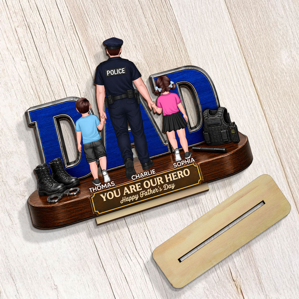 Proud American Police Dad You Are Our Hero - Personalized 2-Layered Wooden Plaque - Unique Trending  Gift For Dad, Husband