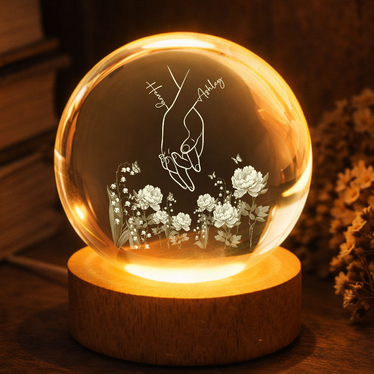 I Love You Couple Hand Print Birth Flower - Personalized Crystal Ball LED Night Light - Sentimental Gift for him, for her