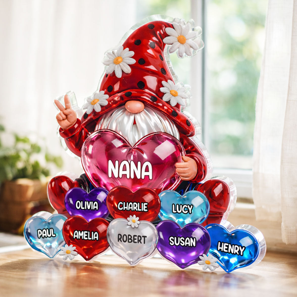 Grandma Gnome with Grandkids Names - Personalized Acrylic Block Plaque - Sentimental Mother's Day Gift for Grandma, Mom, Wife
