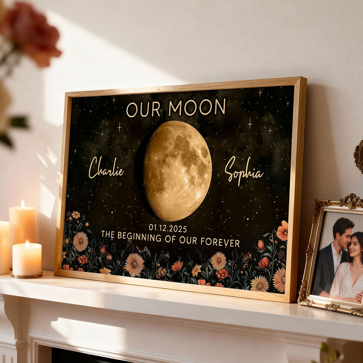 Night Sky Love Story Couple Custom Moon Phase Anniversary Date - Personalized Poster - Heartfelt Anniversary Gift, Valentine Gift, Wedding Gift For Couple