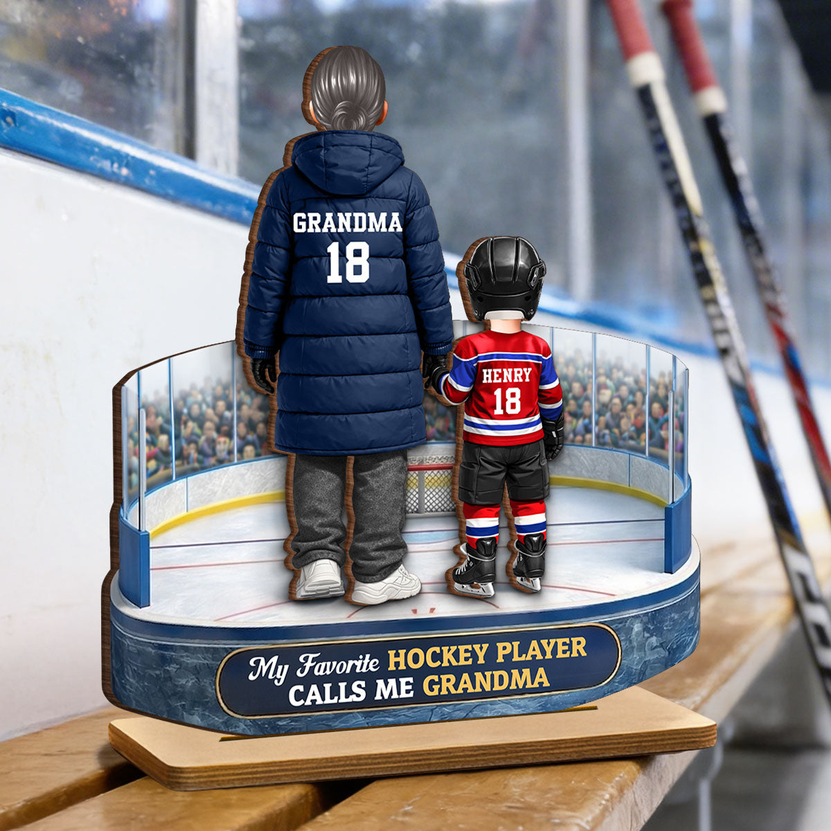 Hockey Grandma And Grandkids On The Ice - Personalized 2-Layered Wooden Plaque - Heartfelt Gift For Grandma
