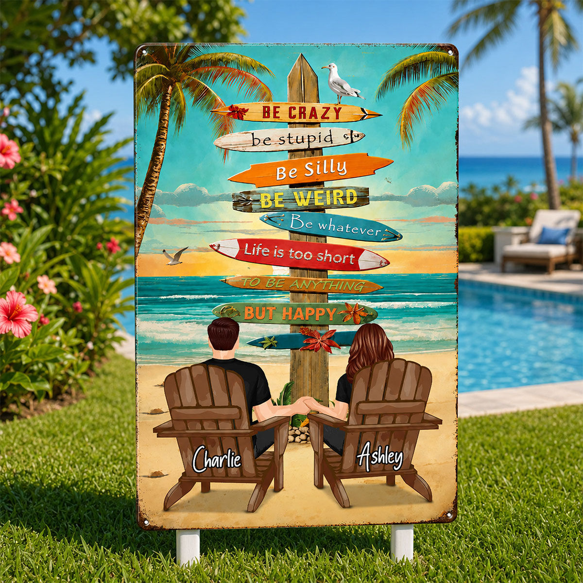 Couple Tropical Beach - Personalized Metal Sign - Gift For Couple, Summer Decorations