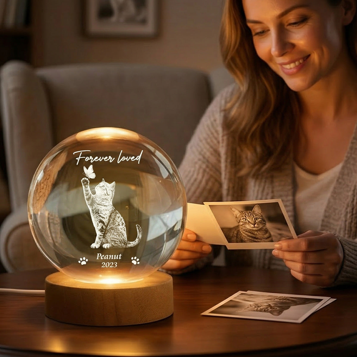 Forever In My Heart Memorial Cat Butterfly - Personalized Crystal Ball LED Night Light - Sympathy Gift For Cat Lovers