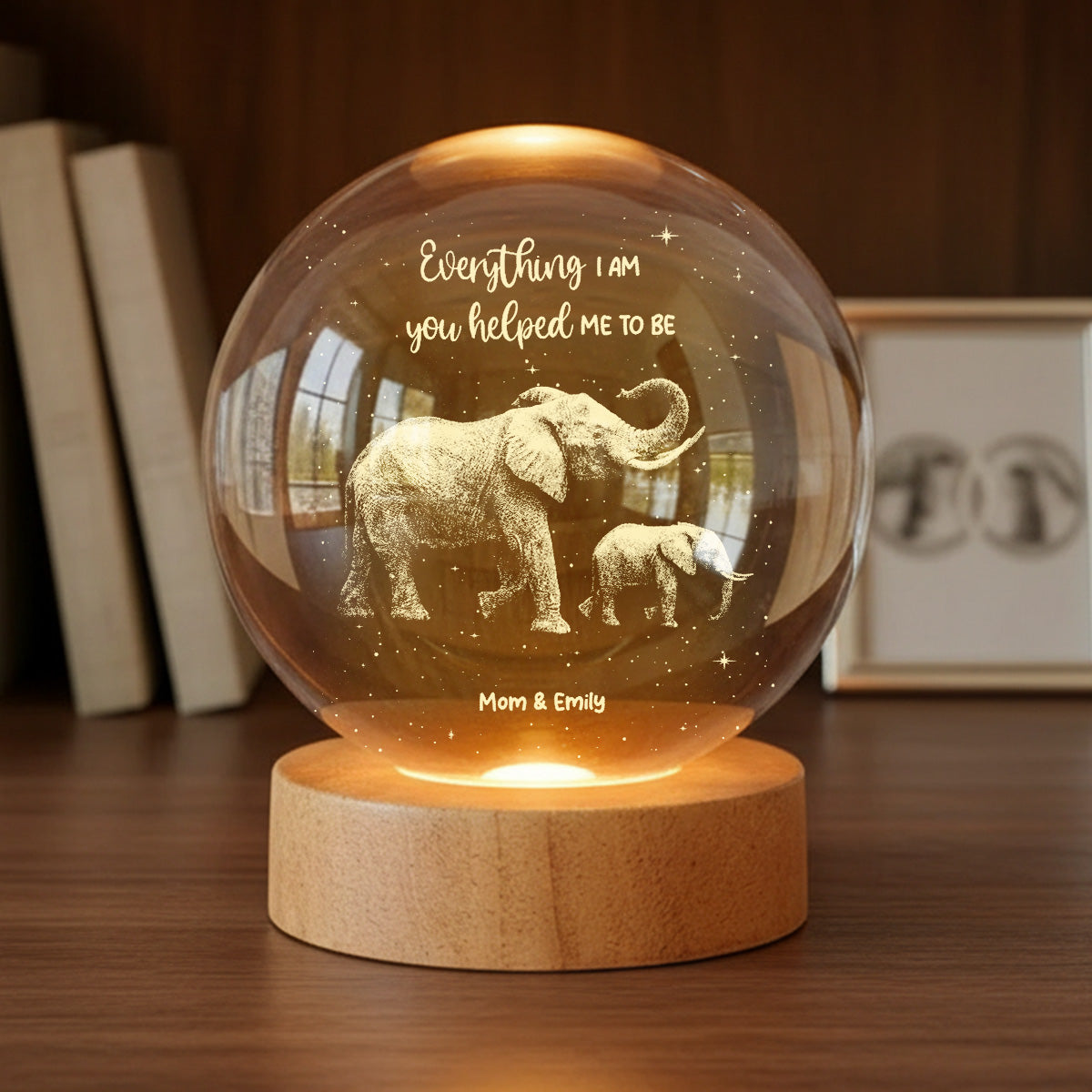 Everything I Am You Helped Me To Be Elephant - Personalized Crystal Ball LED Night Light - Birthday, Mother's Day Gift For Mom