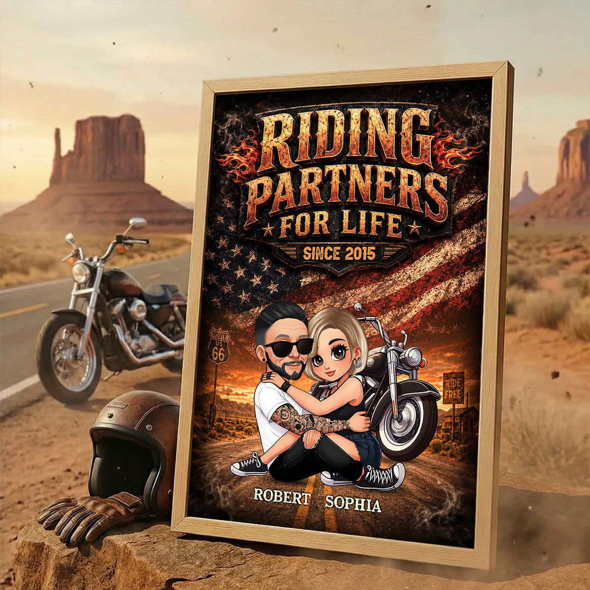 Bikers Couple Riding Partners for Life Nation Flag - Personalized Poster - Gift for Him, for Her