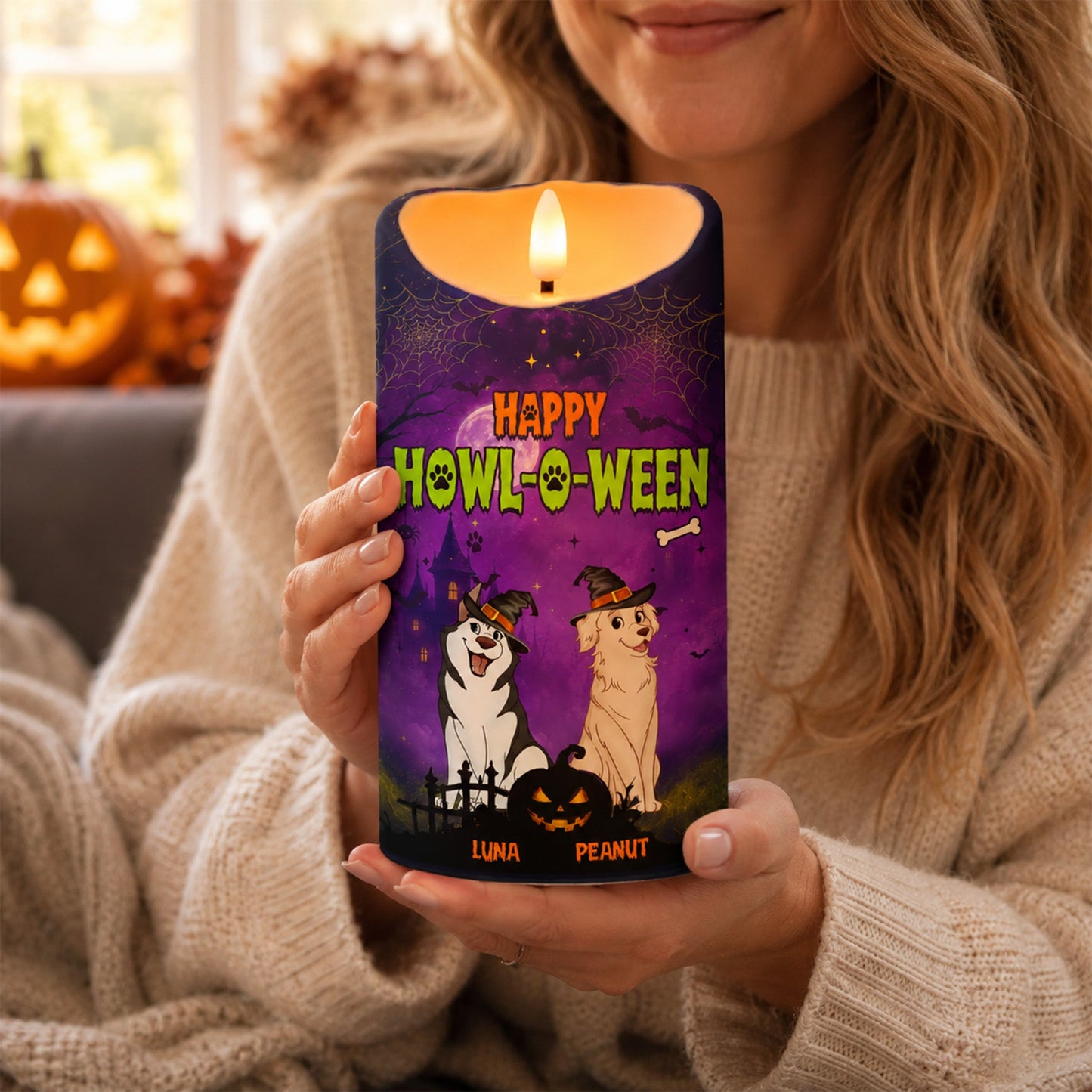 Dog Mom Happy Howloween Purple Magical Theme - Personalized LED Candle - Pawfect Halloween Decor for Dog Lover