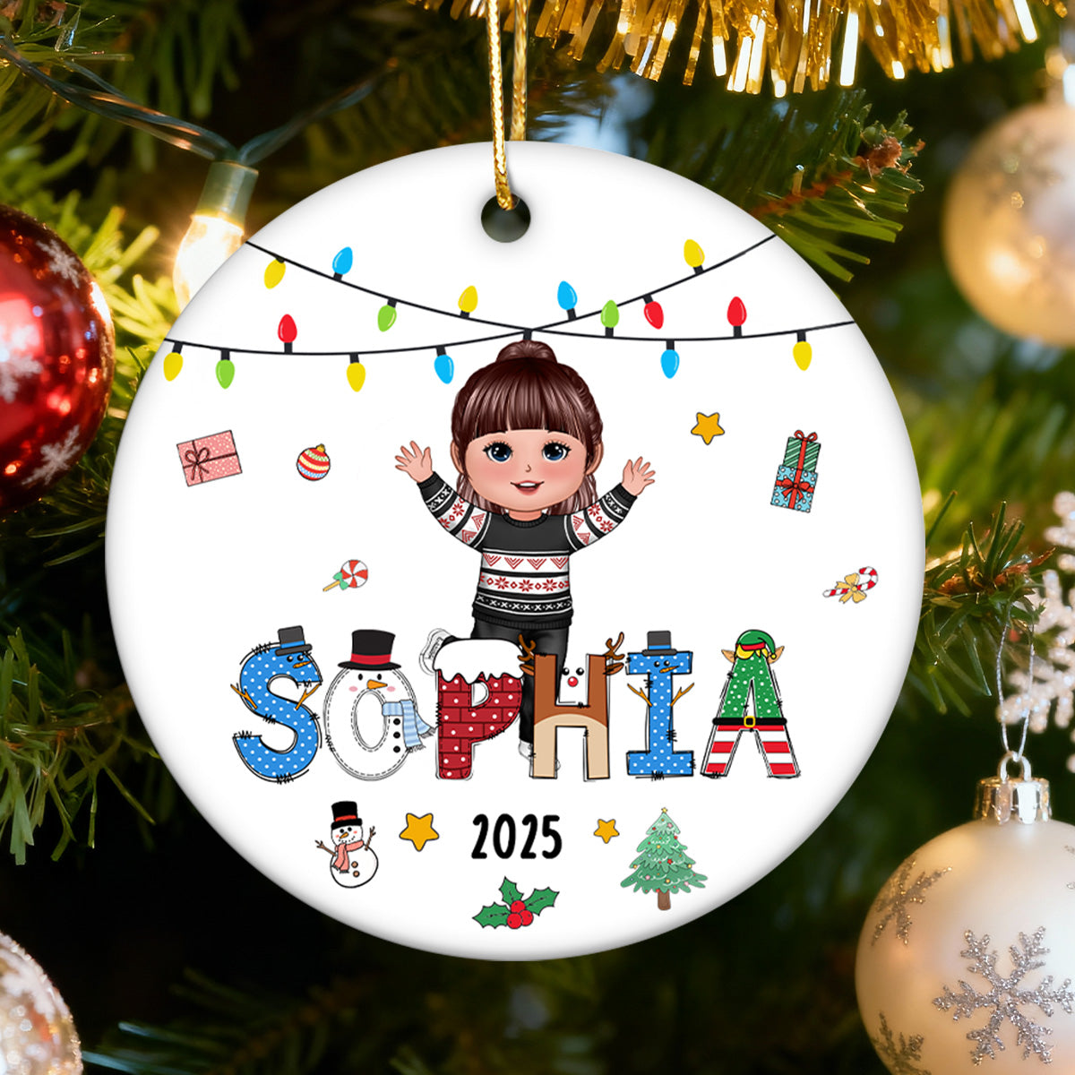 Christmas Theme Cute Doll Kid Name - Personalized Ceramic Ornament - Gift For Grandchildren, Boy, Girl