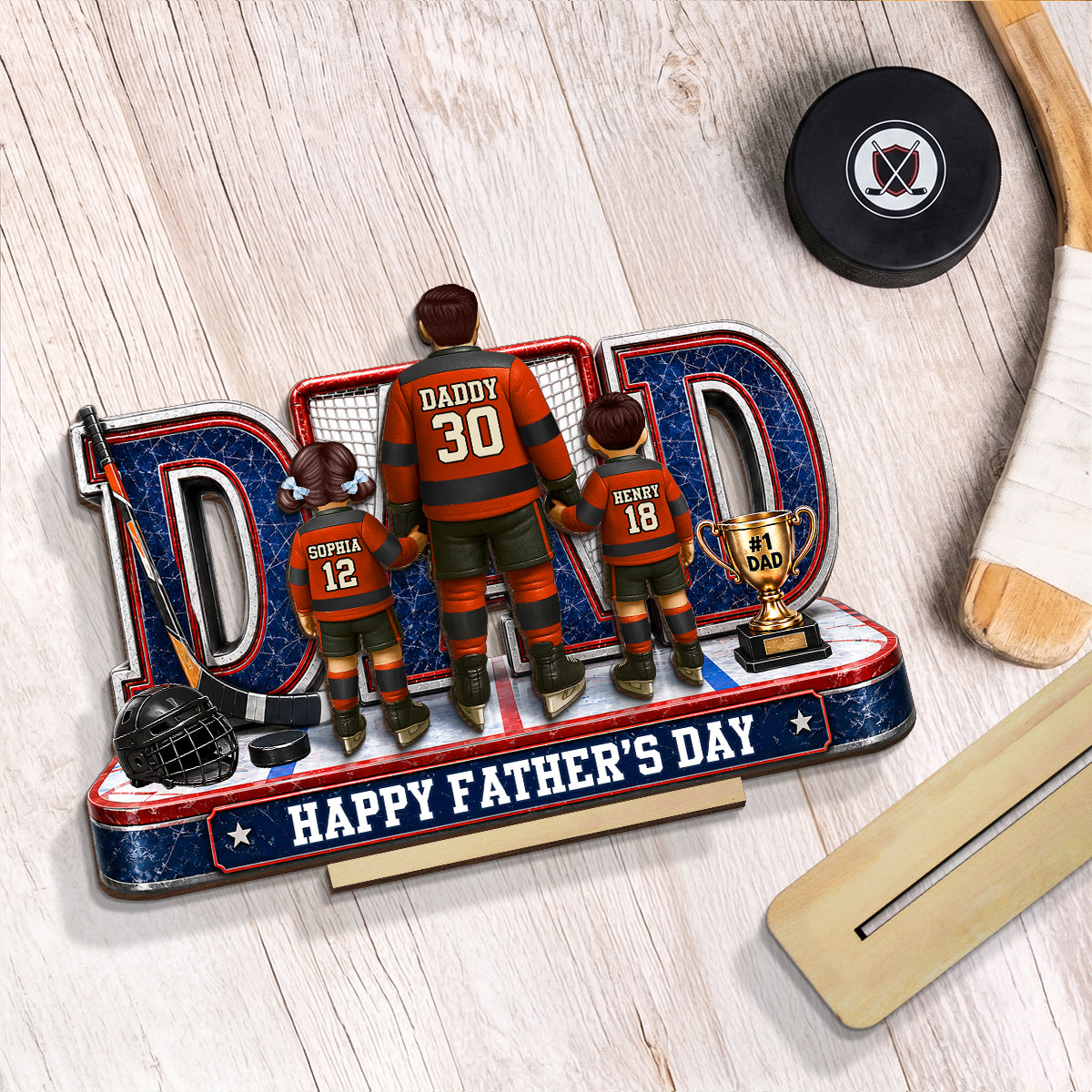 MVP Hockey Dad & Kids Together - Personalized 2-Layered Wooden Plaque -  Gift For Dad, Husband