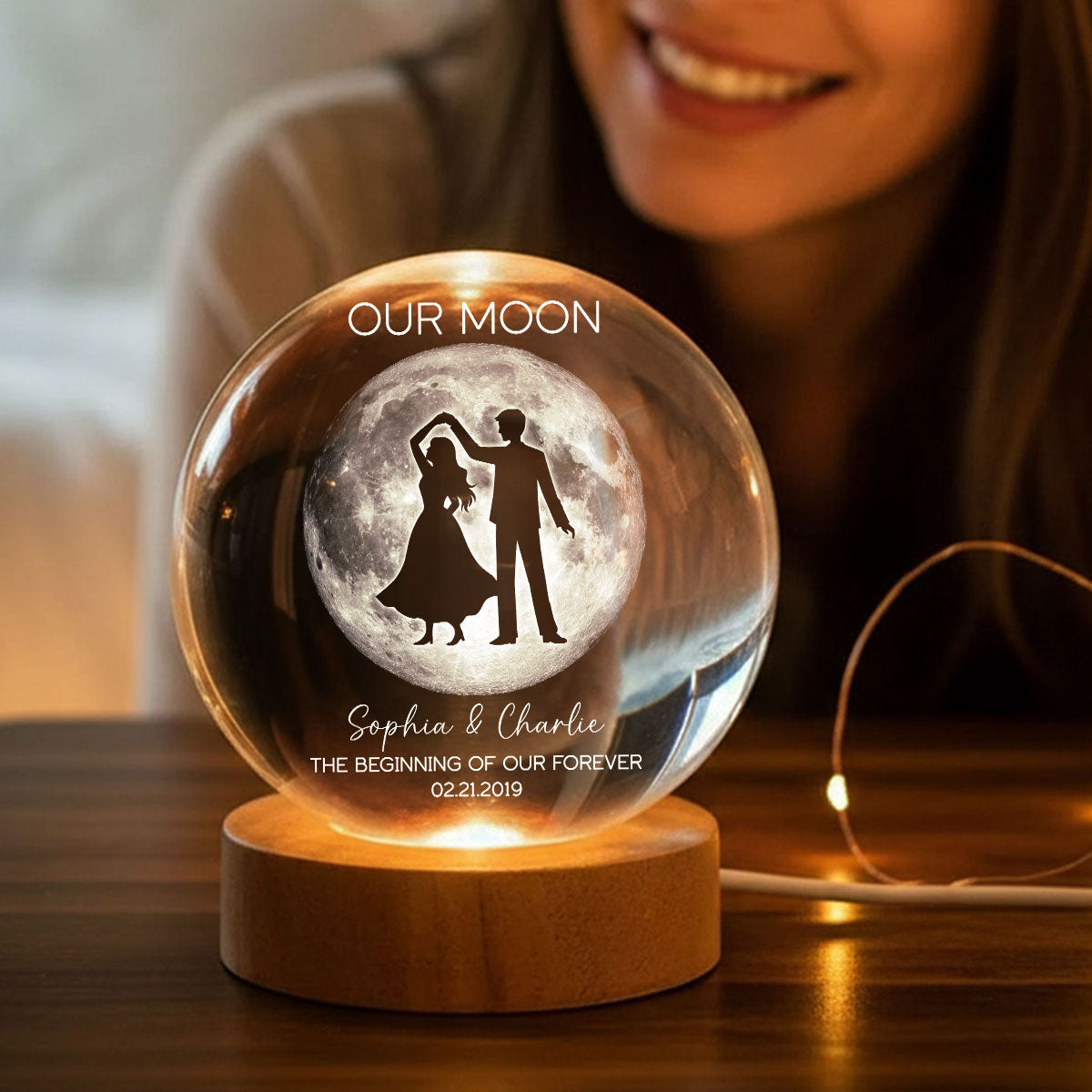 Couple Dancing in the Moonlight, Custom Moon Phase by Date - Personalized Crystal Ball LED Night Light, Sentimental Valentine's Day Gift for Her, for Him