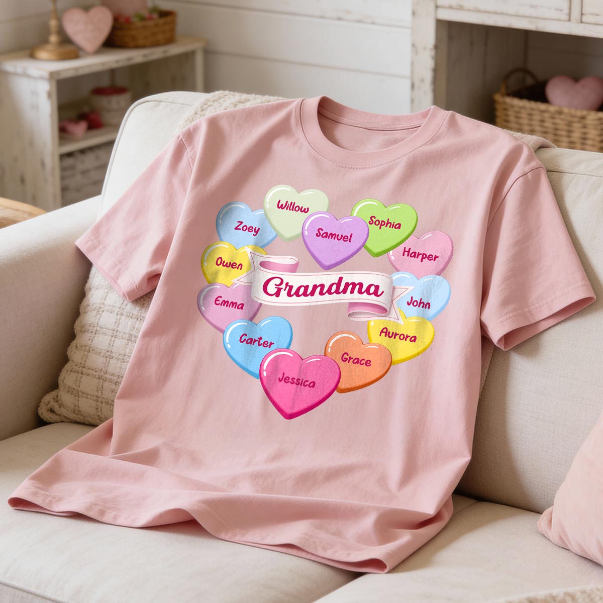 Grandma's Sweethearts Conversation Hearts Grandkids Names Valentine's Day - Personalized Shirt