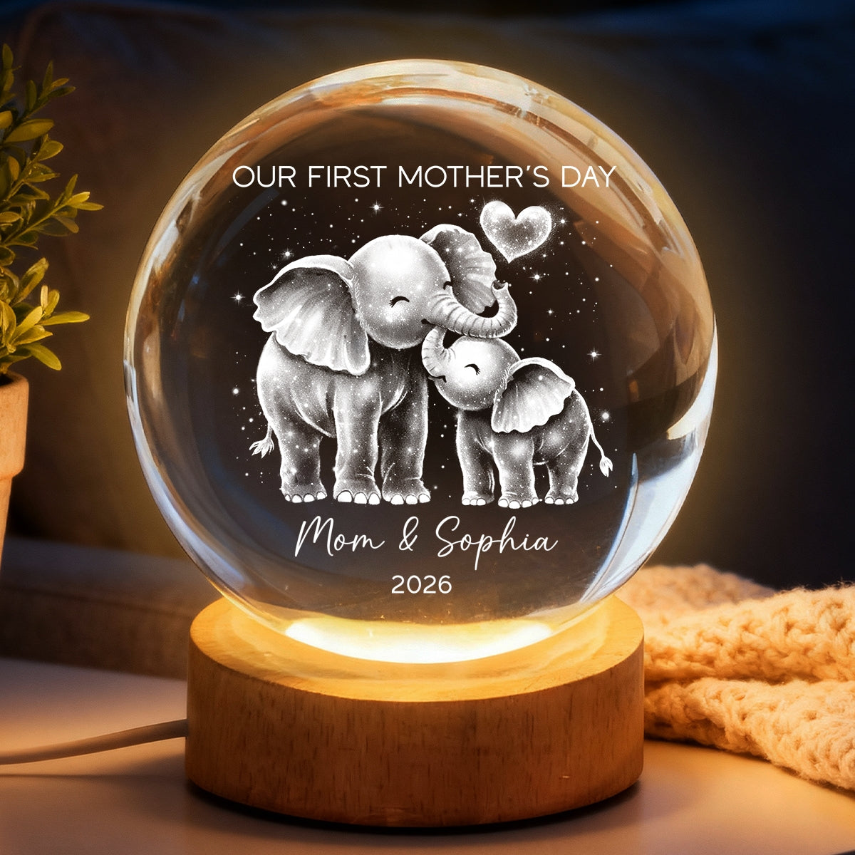 Elephant Mom And Baby Our First Mother's Day - Personalized Crystal Ball LED Night Light - First Mother's Day Gift For New Mom
