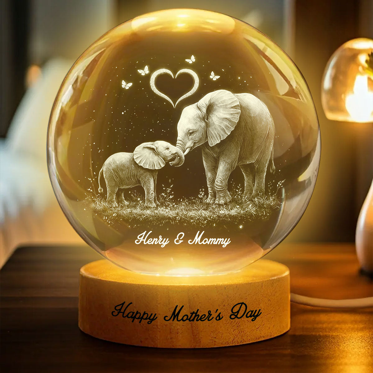 Elephant Mom and Kids - Personalized Crystal Ball LED Night Light - Heartfelt Mother's Day Gift for Mom