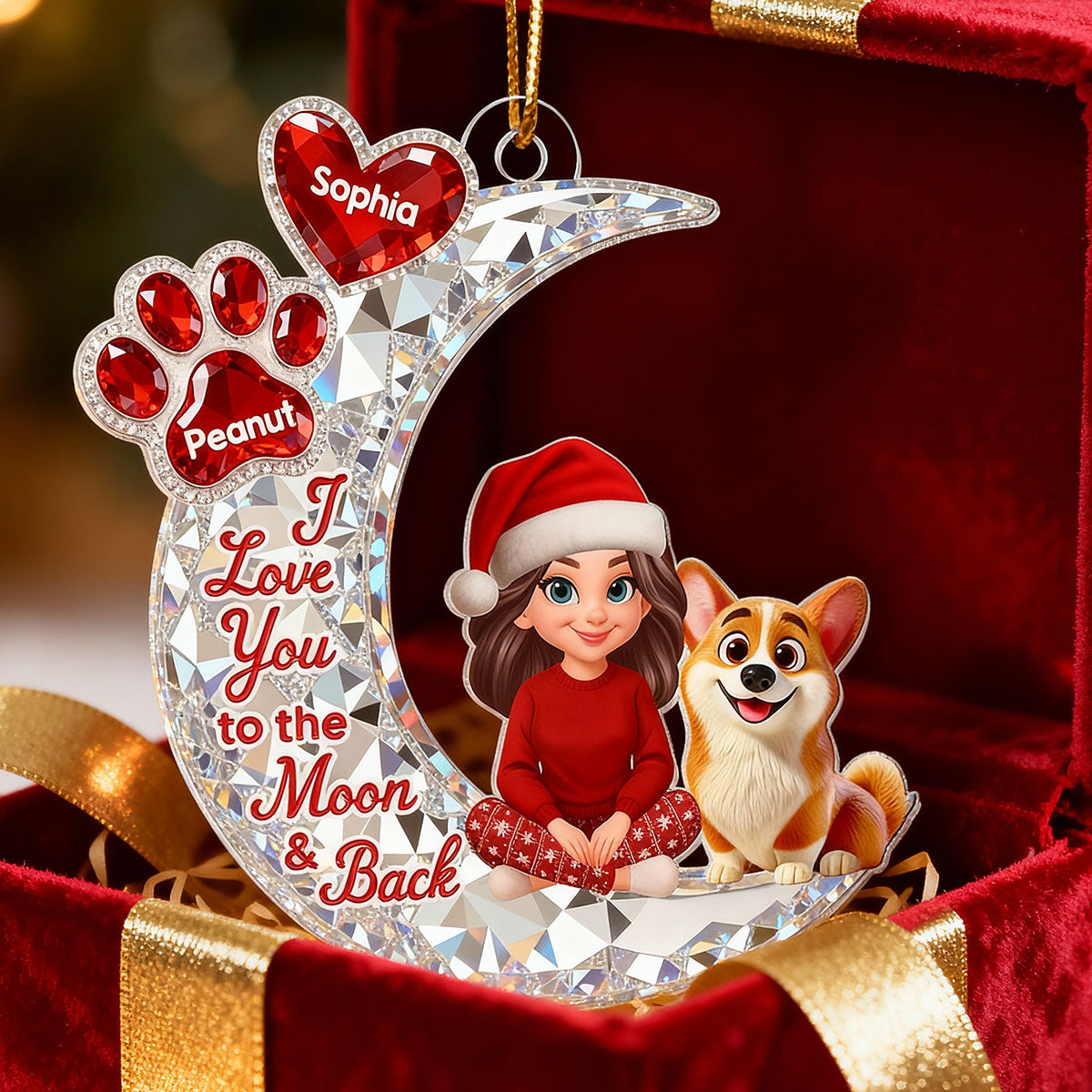 3D Effect Flat Woman And Dog Cat On Moon - Personalized Acrylic Ornament - Christmas Gift For Dog, Cat Lovers