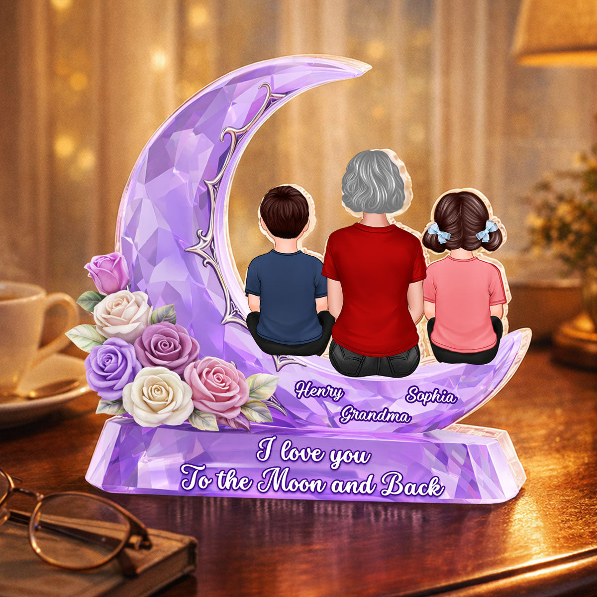 Grandma Grandkids Rose Moon I Love You To The Moon - Personalized Acrylic Block Plaque - Heartfelt Gift For Mom, Grandma