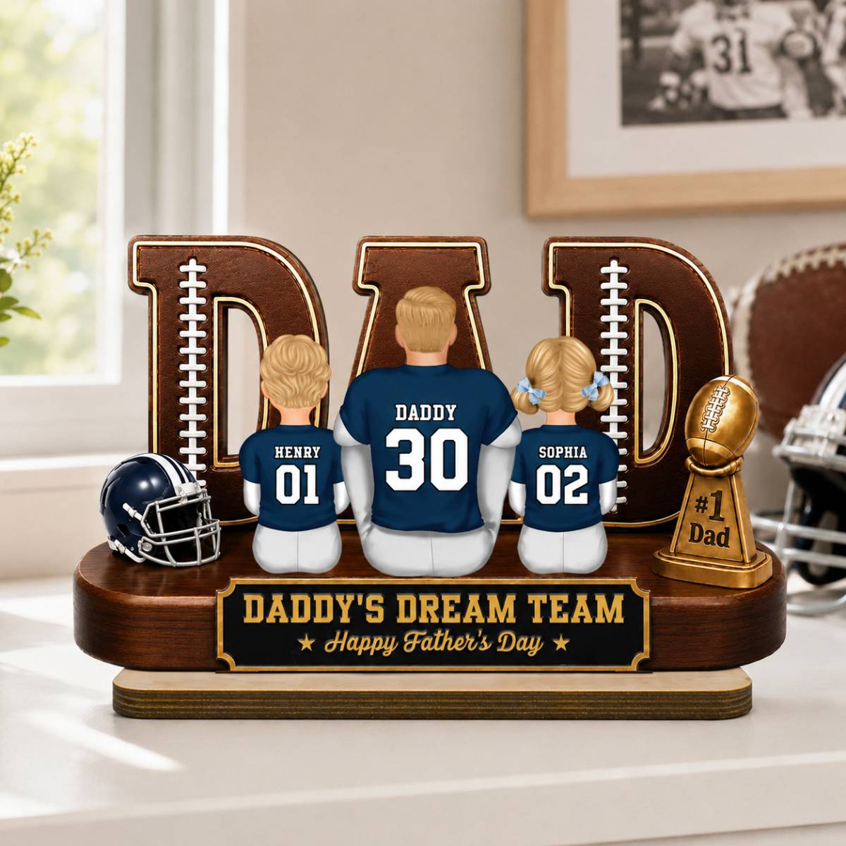 American Football Dad Legend Daddy's Dream Team - Personalized 2-Layered Wooden Plaque - Unique Trending Birthday Gift For Dad, Husband, Football Fans