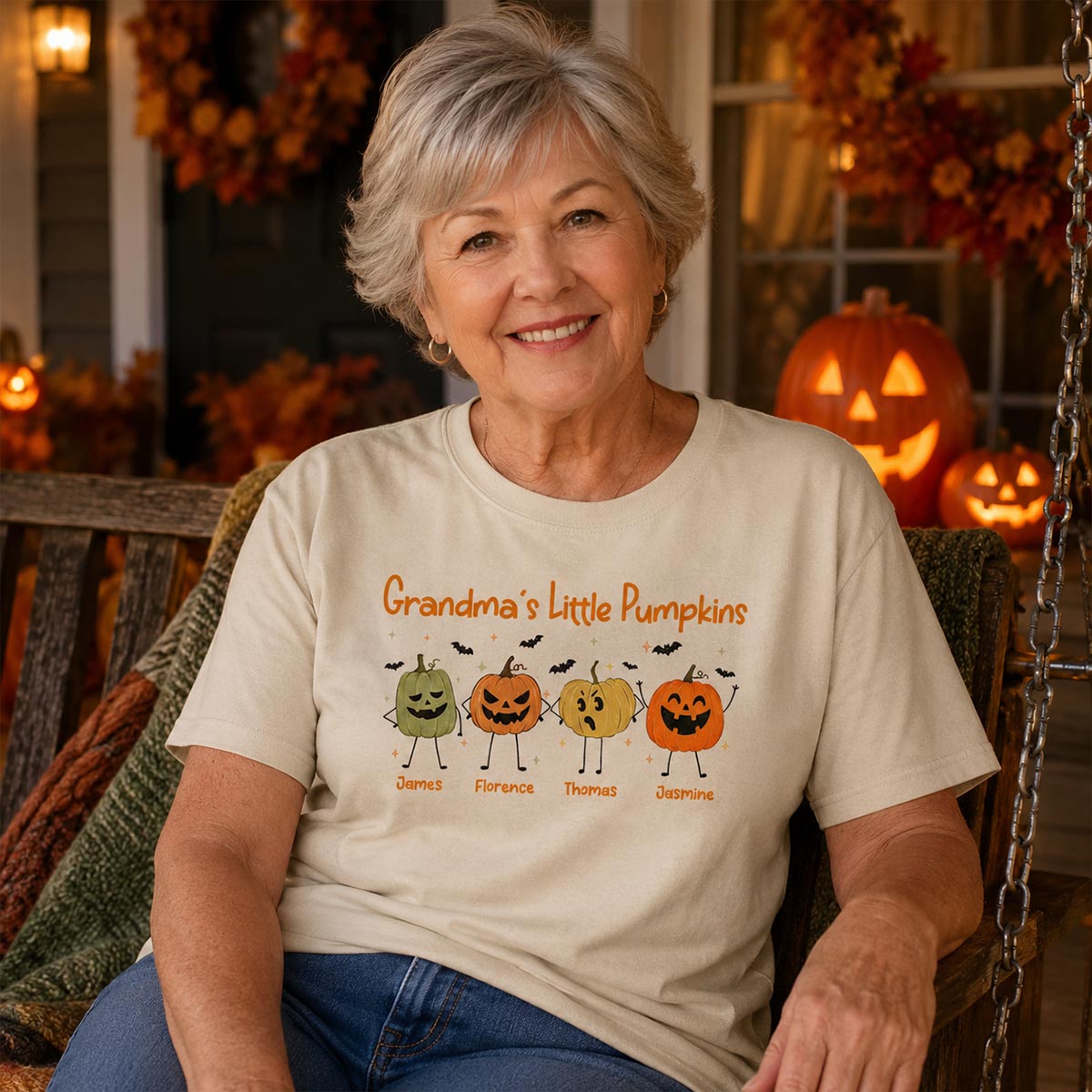 Grandma's Little Pumpkins Doodle Jack-o'-lantern Pumpkins - Personalized Shirt - Perfect Halloween Costume For Grandma, Mom