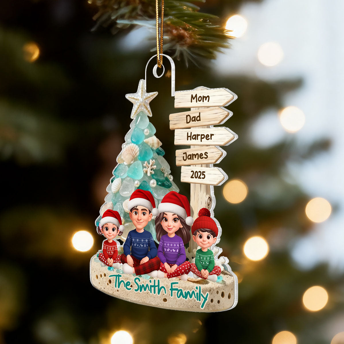 3D Sea Glass Effect Christmas Tree Sign Posts Family Together - Personalized Acrylic Ornament - Coastal Vibe Christmas Gift