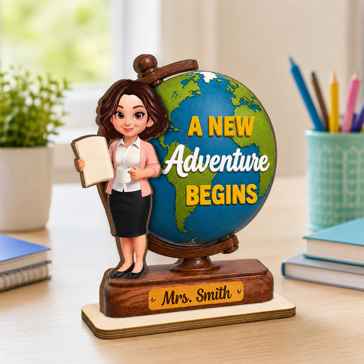 Teacher World Globe 2D Flat - Personalized Wooden Plaque - Back To School Gift