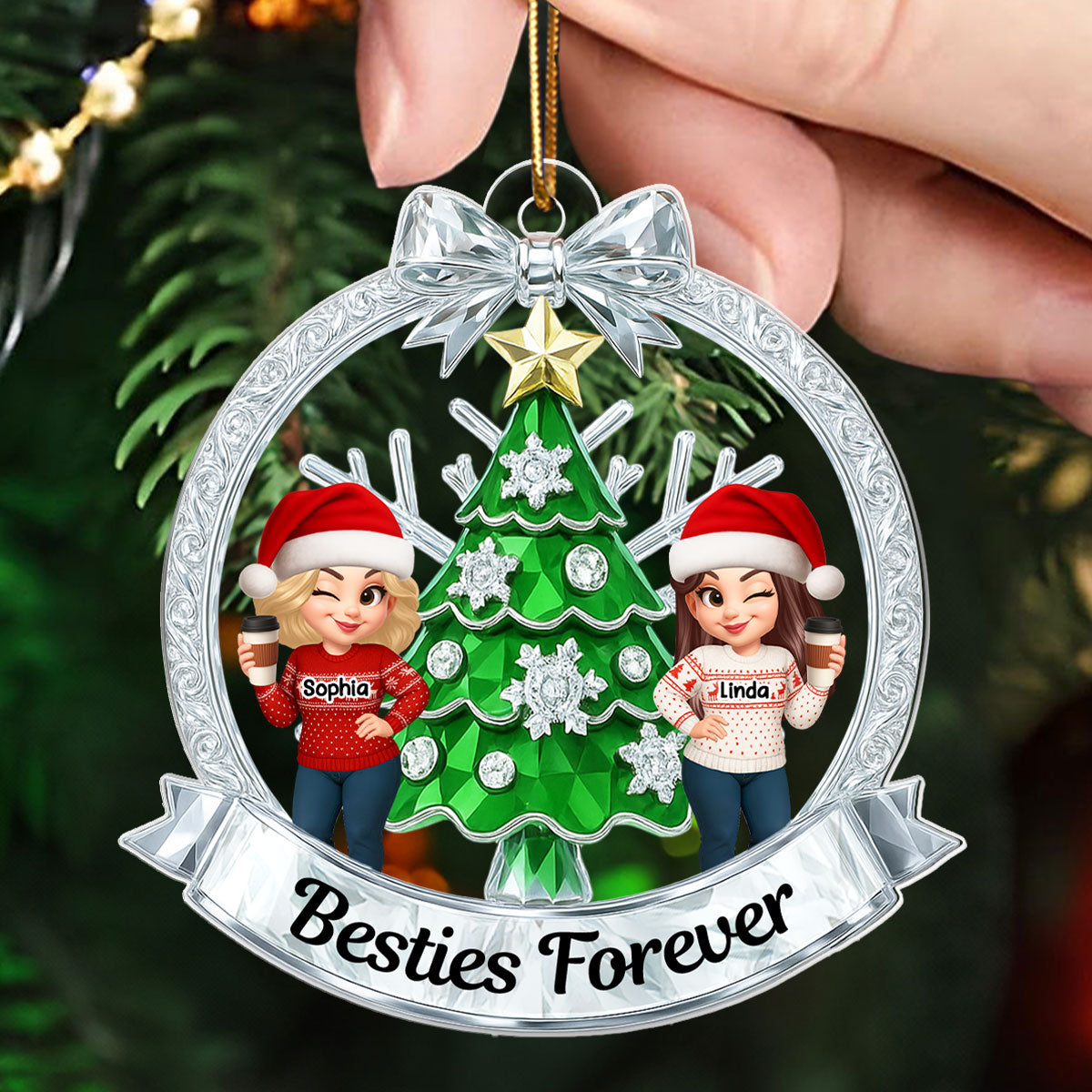 Besties on Crystal Effect Wreath - Personalized Acrylic Ornament - Christmas Gift for Besties
