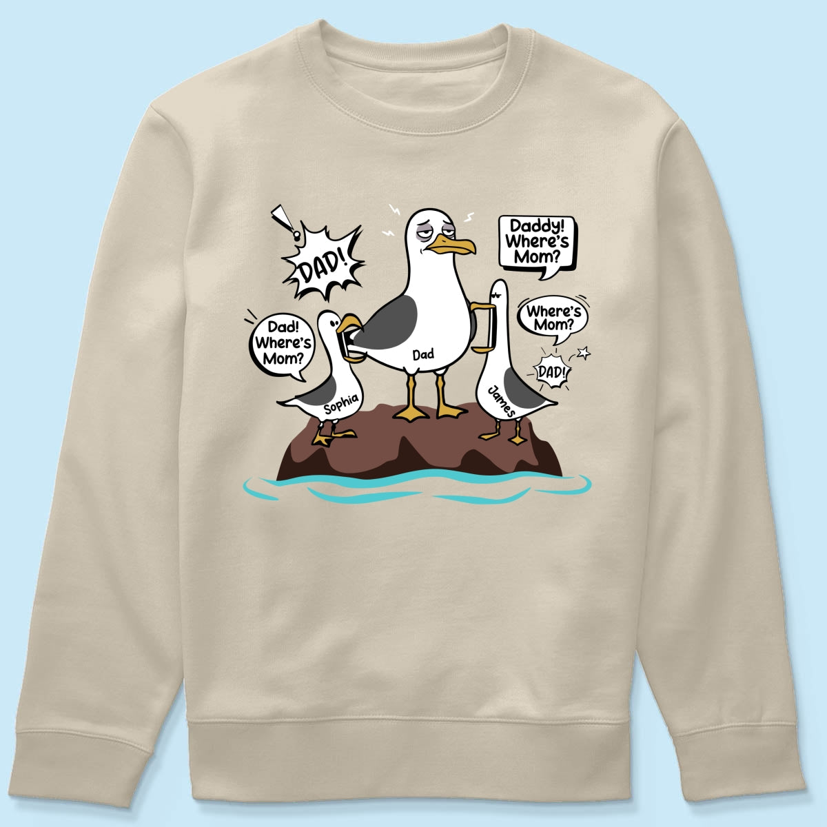 Where's Mom Funny Tired Seagull & Kids Custom Name - Personalized Shirt - Funny Father's Day Gift For Dad, Husband