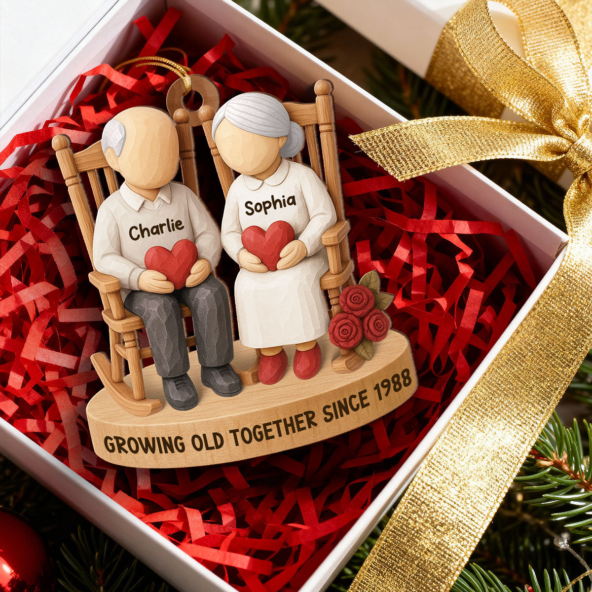 Old Couple Sitting on Chair - Personalized Wooden Ornament - Christmas Gift for him, Gift for her