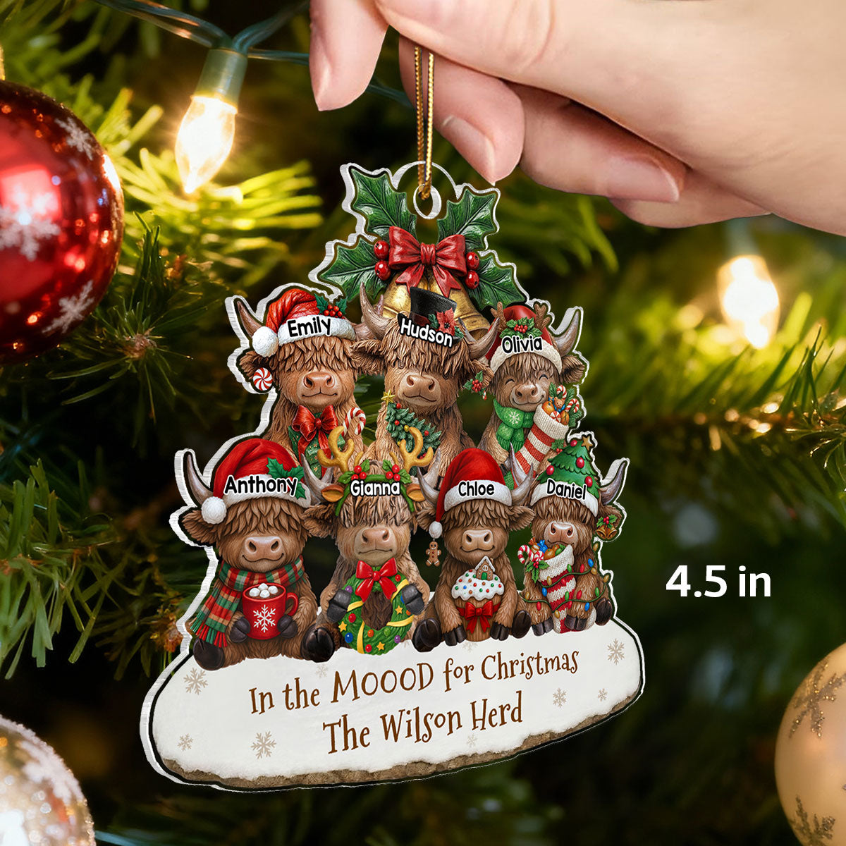 3D Effect Highland Cows Sitting Family Herd In The Moood For Christmas - Personalized Acrylic Ornament