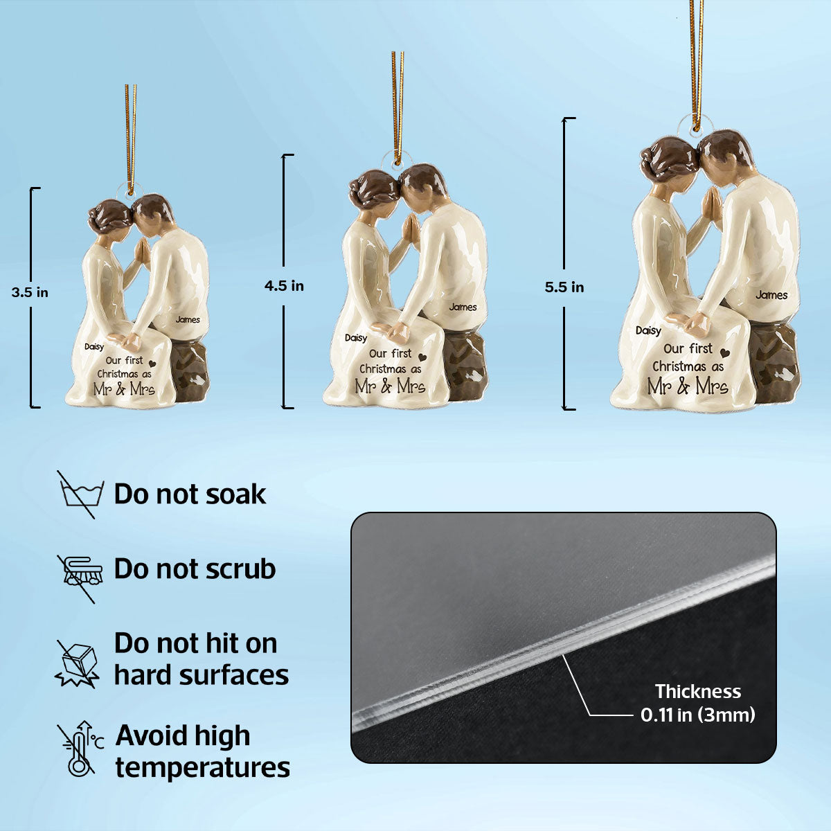 3D Effect Couple Sitting Side By Side - Personalized Acrylic Ornament - Newlyweds Couple Keepsake