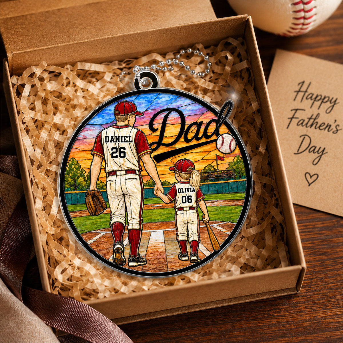 Baseball Dad & Kids 2D Flat - Personalized Acrylic Car Ornament - Father's Day Gift For Baseball Dad
