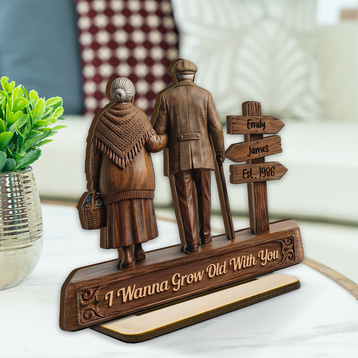 Old Couple Walking Side By Side Sign Post 2D Flat - Personalized 2-Layered Wooden Plaque