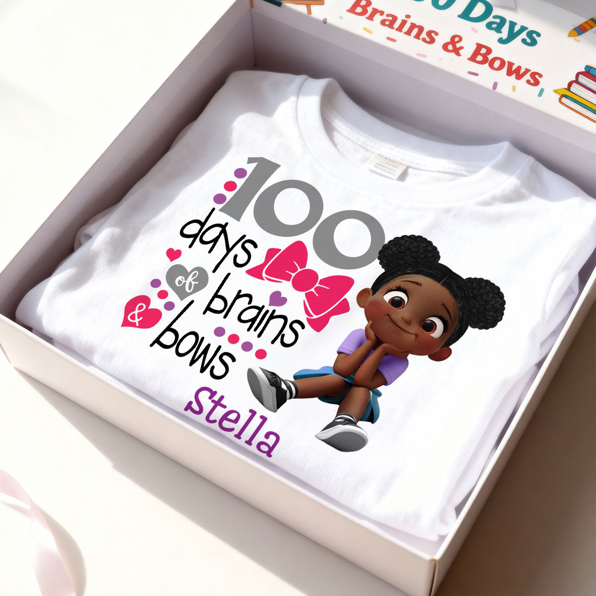 100 Days Brains & Bows Cute Little Girl - Personalized Kid T-Shirt - 100 Days Of School For Daughter, Granddaughter