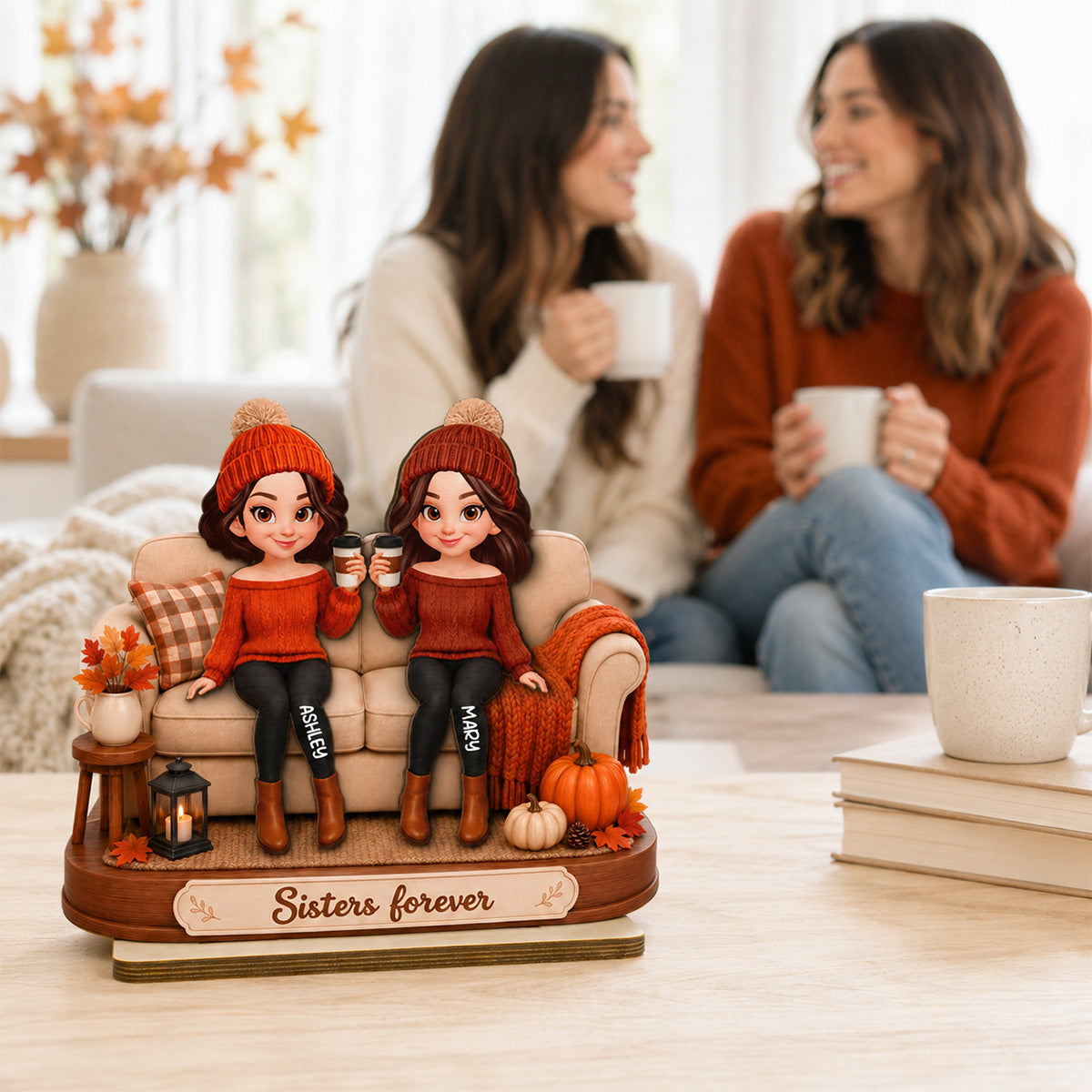 Besties Sisters Sitting On Sofa 2D Flat - Personalized Wooden Plaque - Fall Season Gift