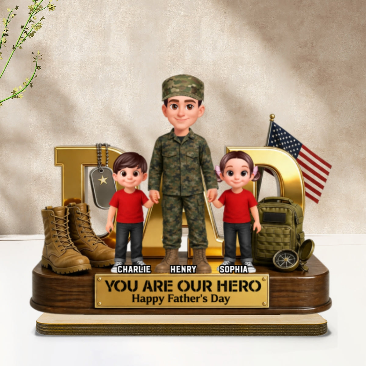 Proud American Millitary Dad - Personalized 2-Layered Wooden Plaque -  Gift For Dad, Husband