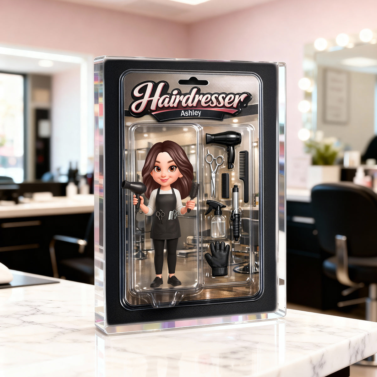 3D Effect Woman Hairdresser Action Figure - Personalized Acrylic Block Plaque - Gift For Hairdressers