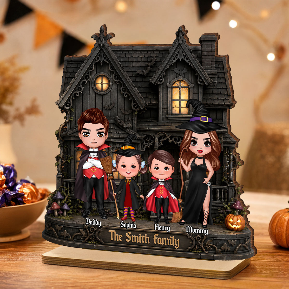 Family Haunted House - Personalized 2-Layered Wooden Plaque - Halloween Spooky Gothic Home Decor