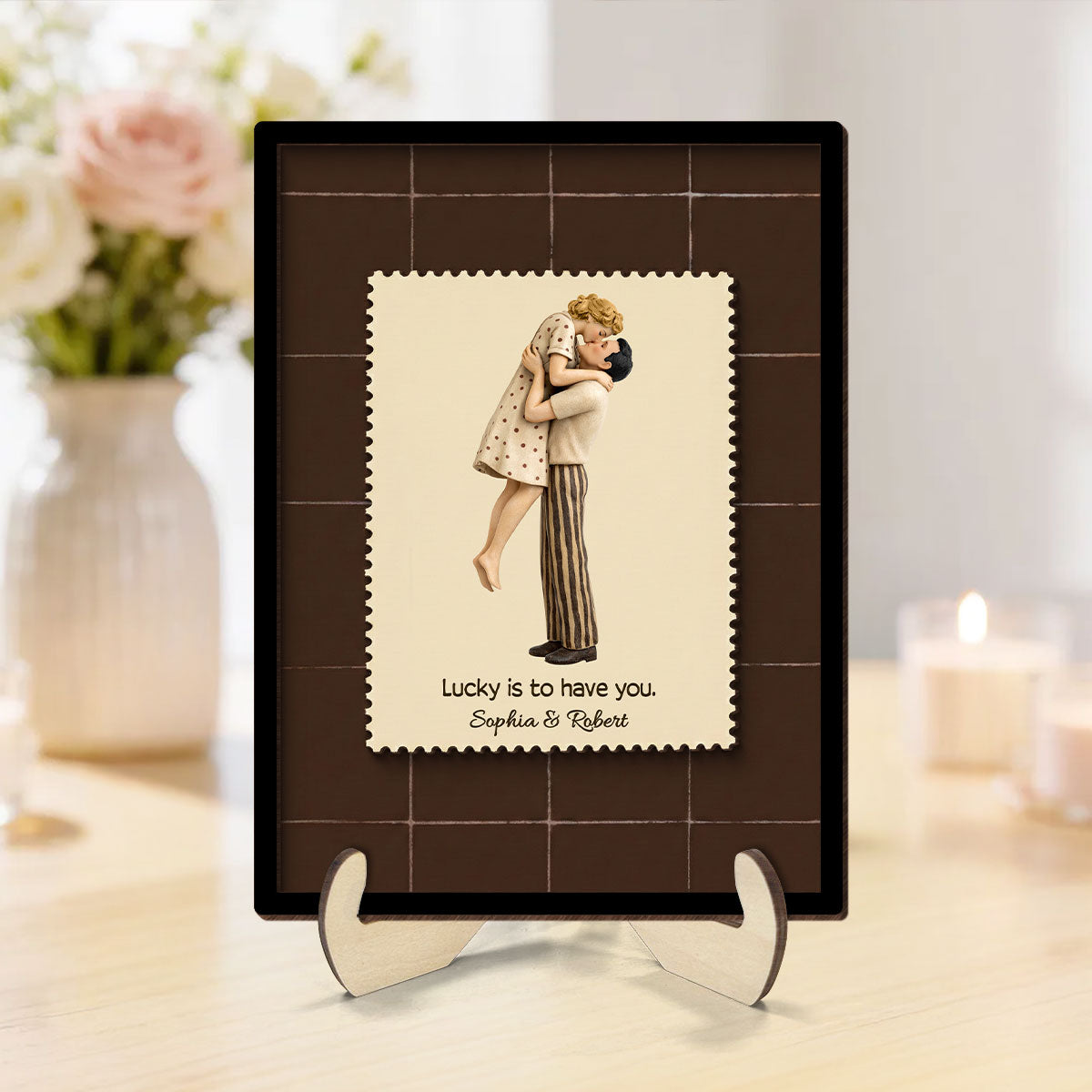Lucky Is To Have You Mid-Century Couple - Personalized 2-Layered Wooden Plaque - Anniversary, Valentine's Day Gift, Gift For Him, Gift For Her
